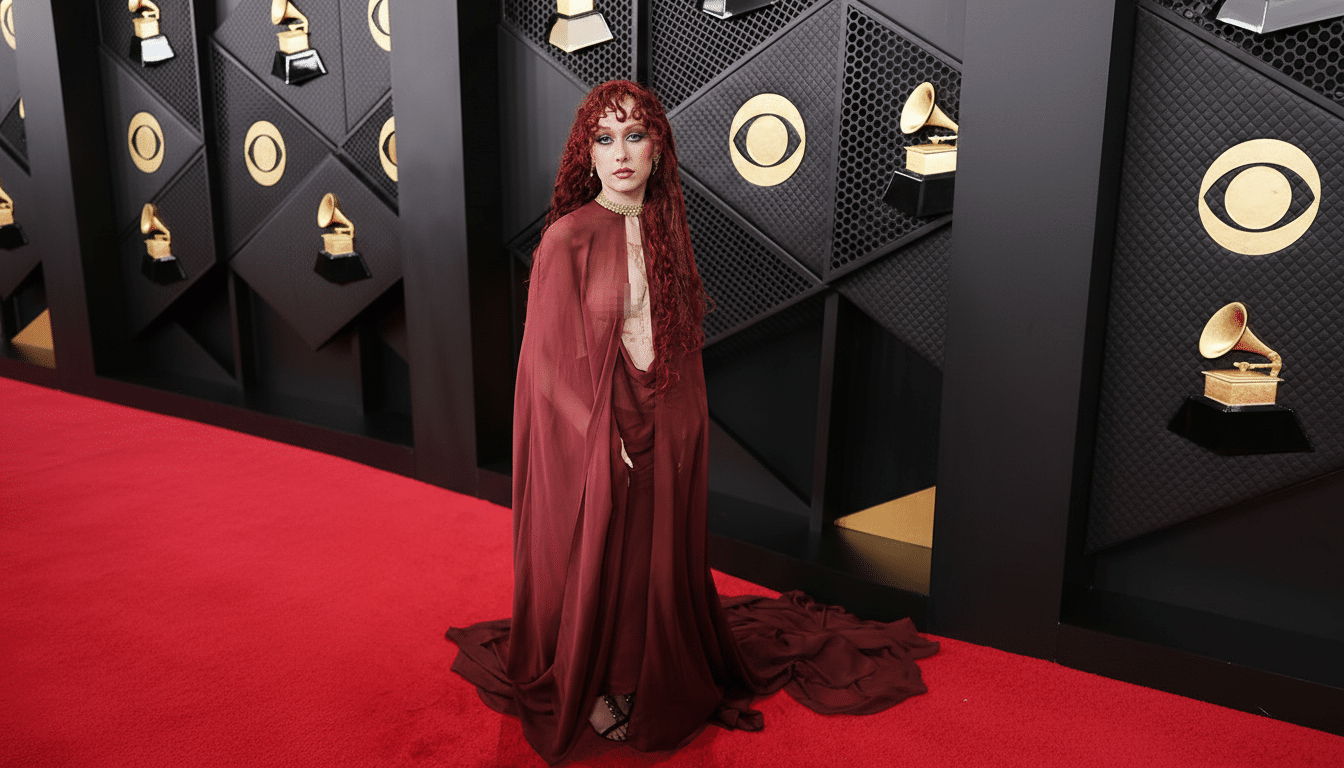 A woman with long, curly red hair and a sheer, flowing maroon gown stands on a red carpet with a black and gold patterned wall behind her.