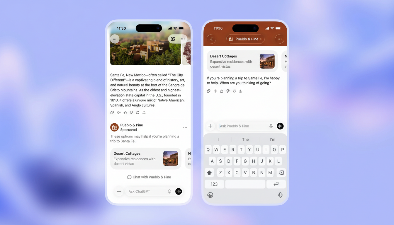 Two mobile phone screens displaying a travel app interface, with one showing information about Santa Fe and the other an interactive chat.