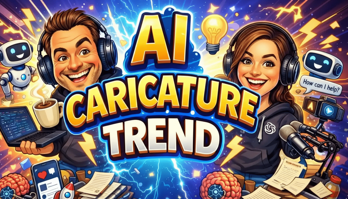 A vibrant, cartoon-style image featuring two smiling individuals, a man and a woman, wearing headphones, with the text AI CARICATURE TREND prominently displayed in the center. The background is a dynamic blue with lightning bolts and various AI-related icons and elements surrounding them.