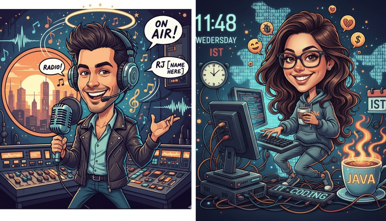 A cartoon image of a male radio DJ on the left and a female programmer on the right.