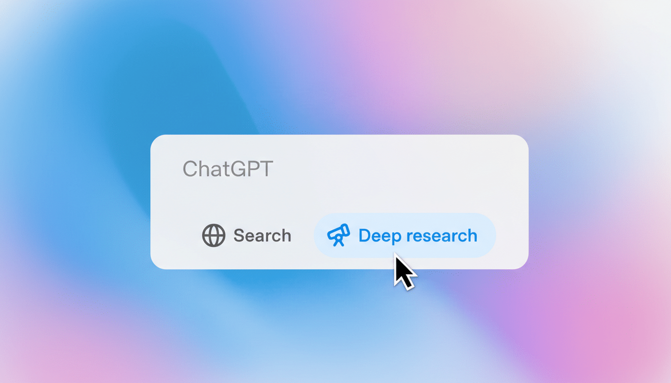 A screenshot of a ChatGPT interface with a Deep research button highlighted, and a mouse cursor pointing at it.