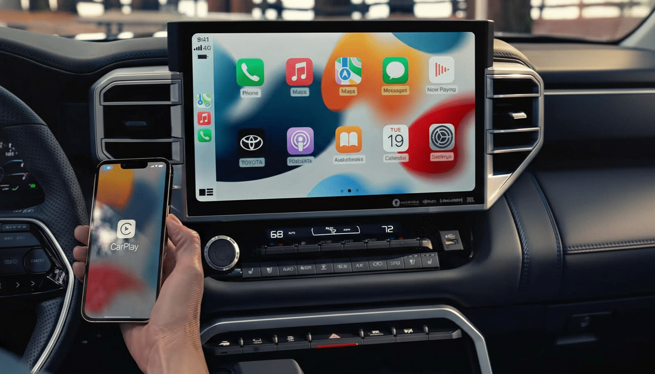 A hand holding an iPhone displaying the CarPlay icon, positioned in front of a cars dashboard screen which shows the Apple CarPlay interface with various app icons.