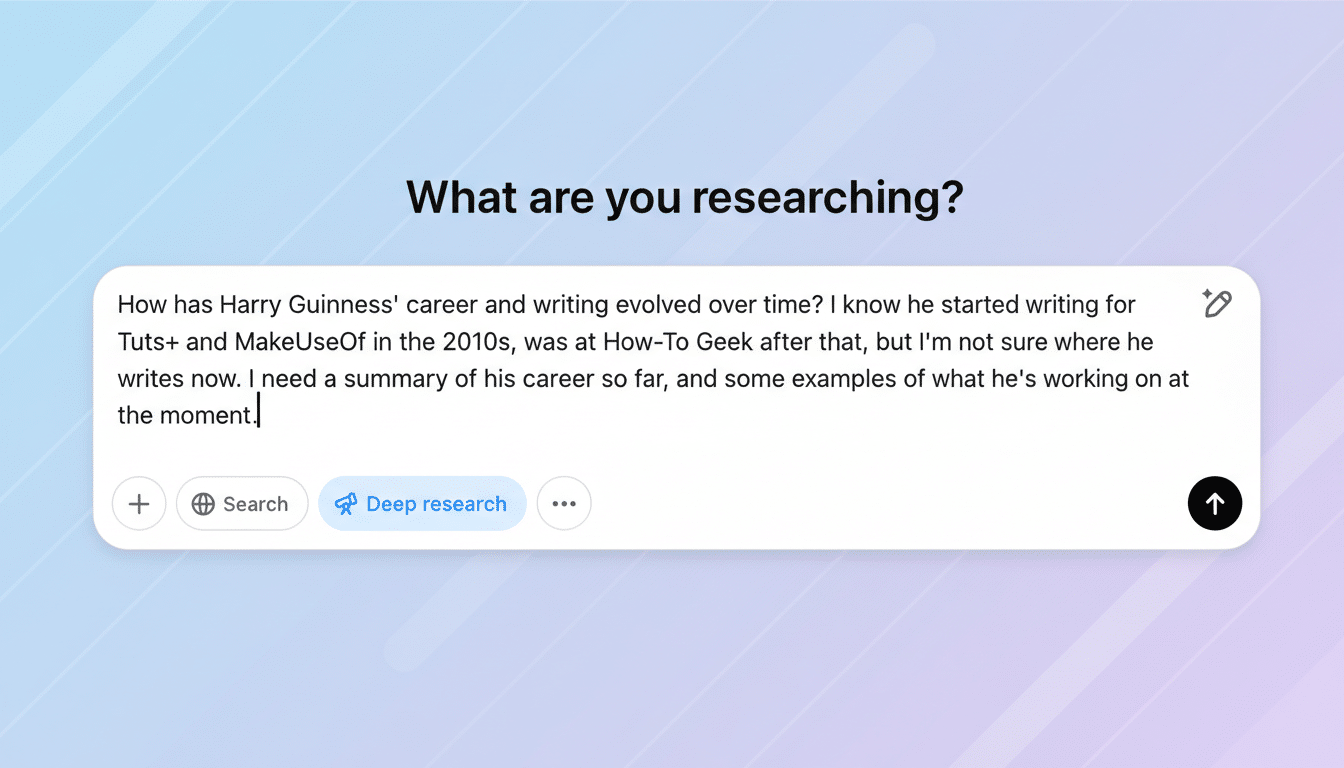A screenshot of a search interface with the question What are you researching? and a text box containing a query about Harry Guinnesss career. The background has been updated to a professional flat design with soft patterns and gradients.