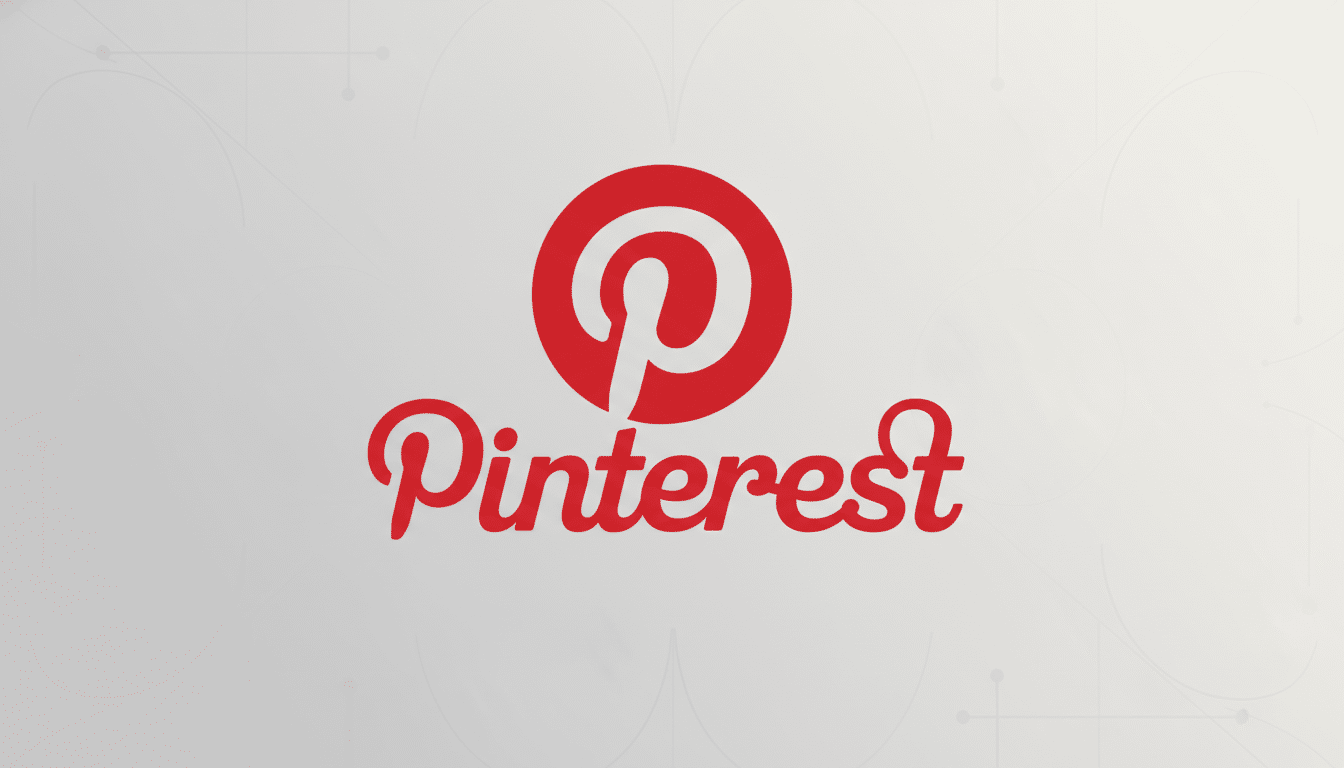 The Pinterest logo, featuring a red circle with a white stylized P above the word Pinterest in red script, set against a professional light gray background with subtle geometric patterns.