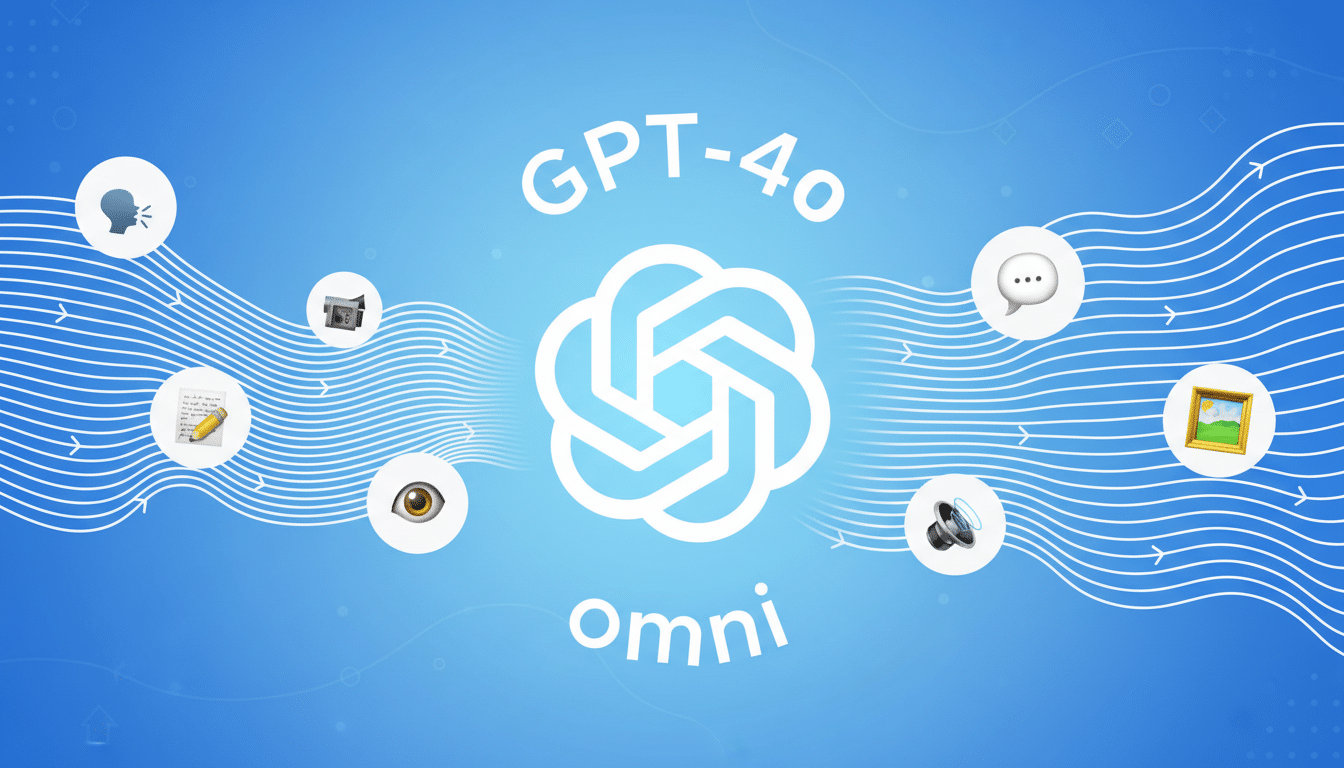A professional, enhanced image of the GPT-4o Omni logo and related icons on a blue background with subtle patterns, resized to a 16:9 aspect ratio.