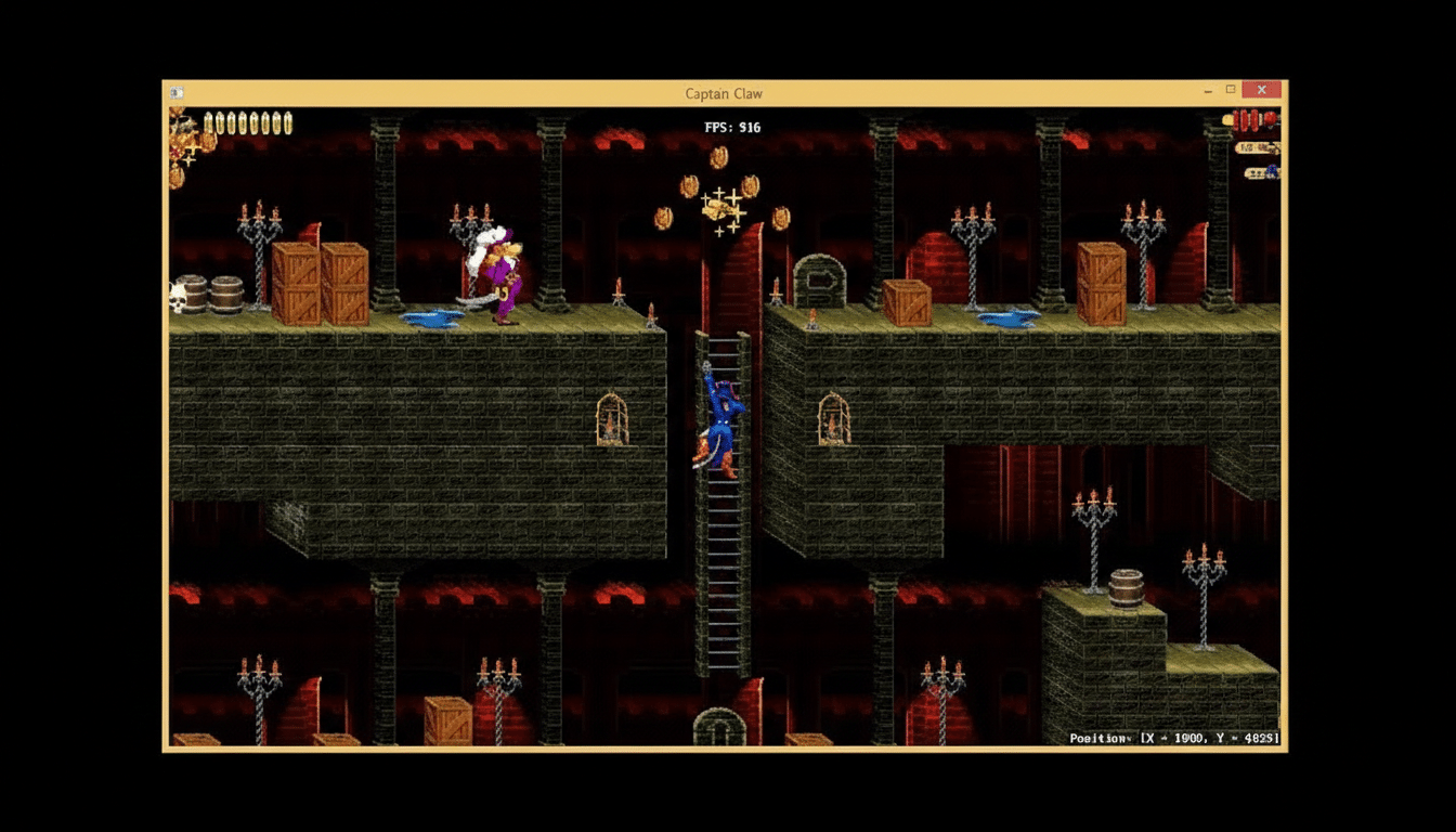 A screenshot from the video game Captain Claw showing the main character, a bipedal cat pirate, climbing a ladder in a dark, castle-like level.