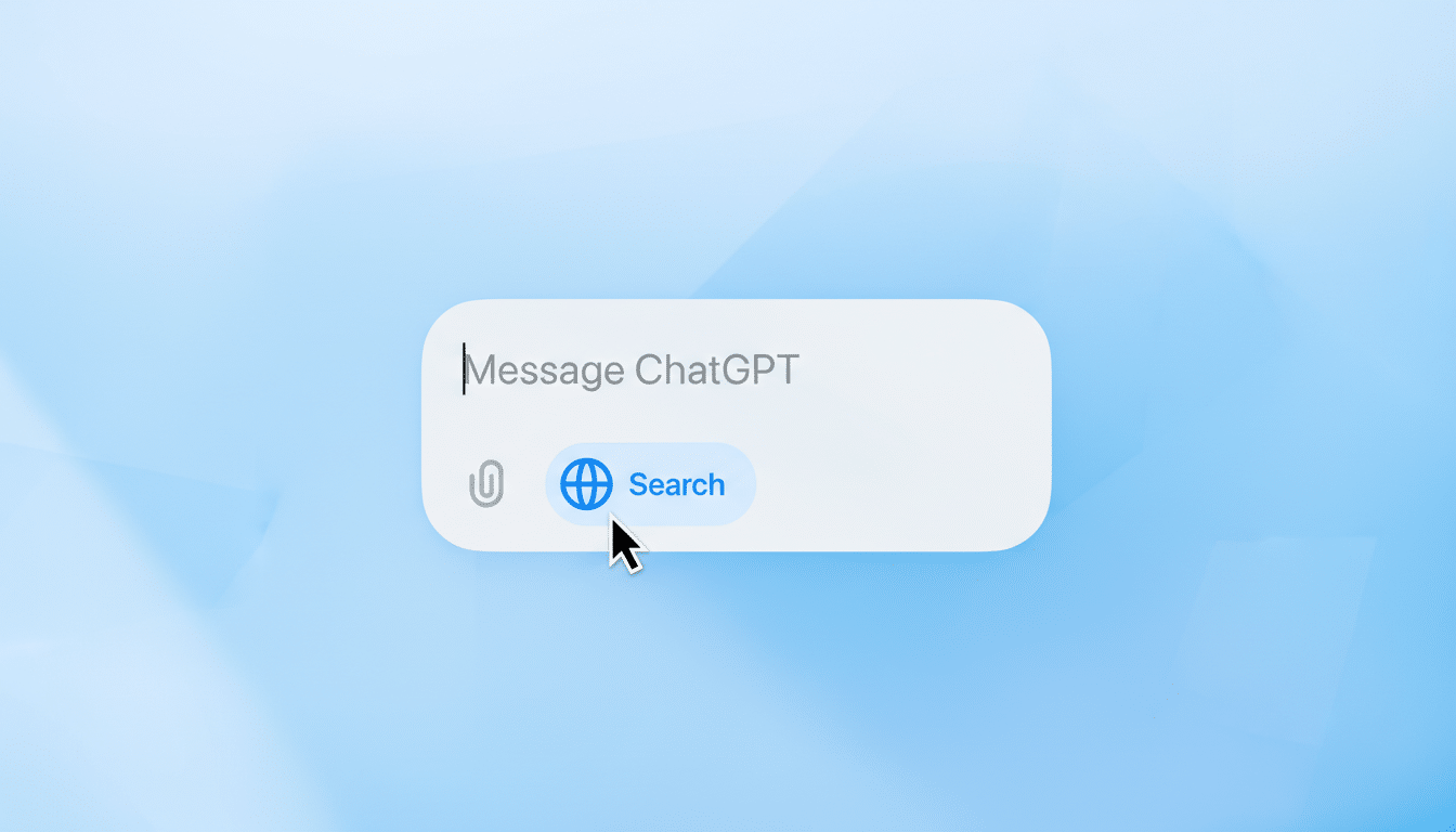 A close-up of a message input field with Message ChatGPT as a placeholder, and a Search button with a globe icon, all set against a light blue background.