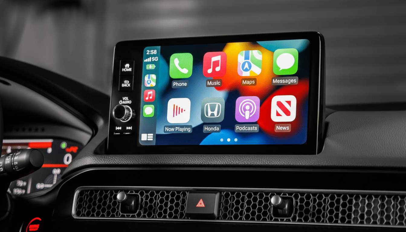 A cars infotainment screen displaying Apple CarPlay with various app icons.