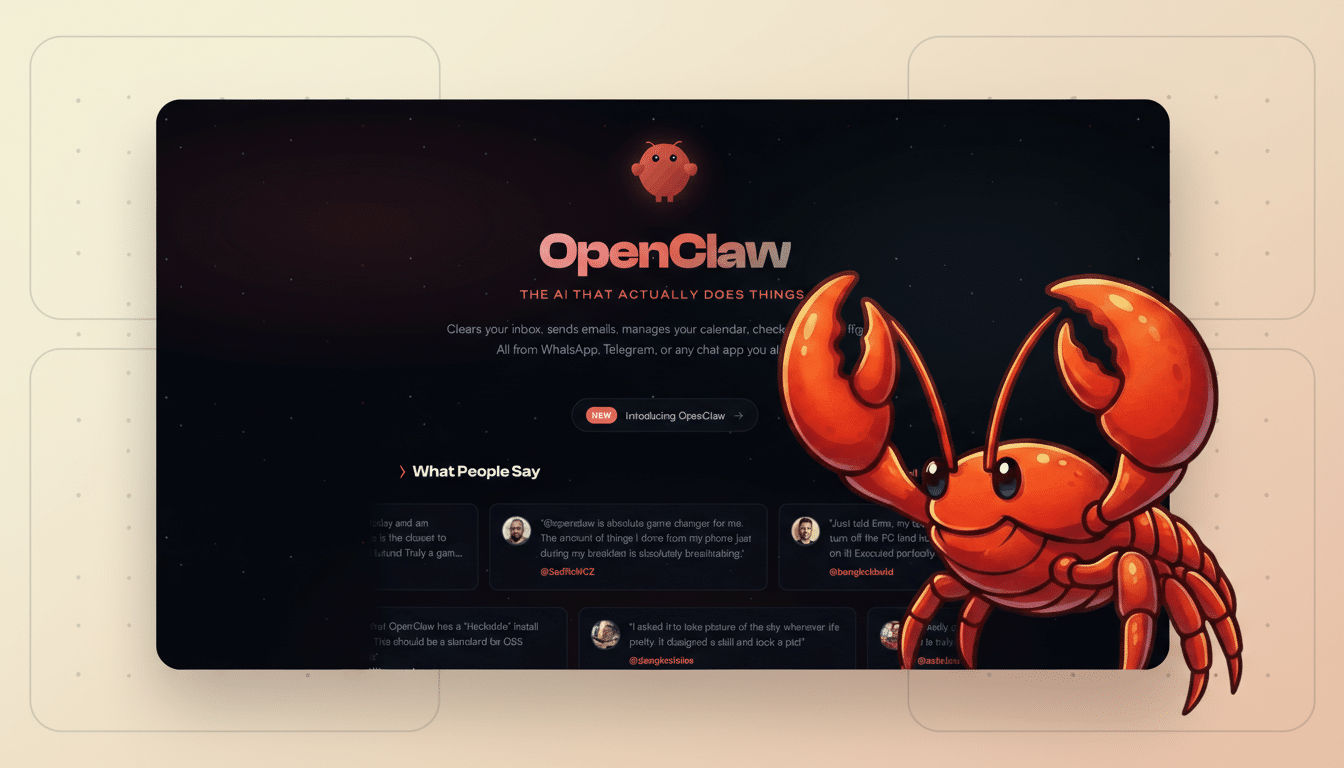A professional, enhanced image of the OpenClaw website interface, featuring a cartoon red crab mascot, resized to a 16:9 aspect ratio.