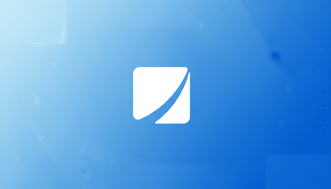 A white square logo with a curved blue line through it, set against a professional blue gradient background with subtle geometric patterns.