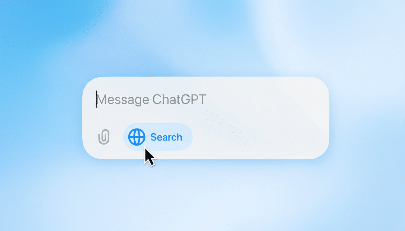 A close-up of a message input field with Message ChatGPT as a placeholder, and a Search button with a globe icon, all set against a soft blue gradient background.