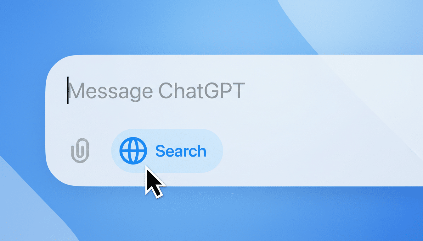 A close-up of a message bar with Message ChatGPT typed in, and a cursor pointing to a Search button with a globe icon. The background is a professional flat design with soft blue gradients.