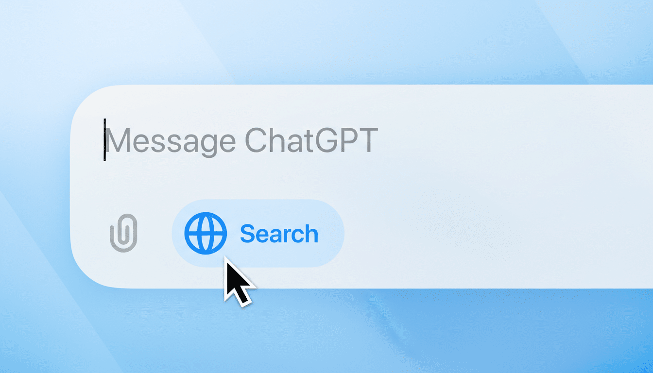 A close-up of a message bar with Message ChatGPT typed in, and a cursor pointing to a Search button with a globe icon.