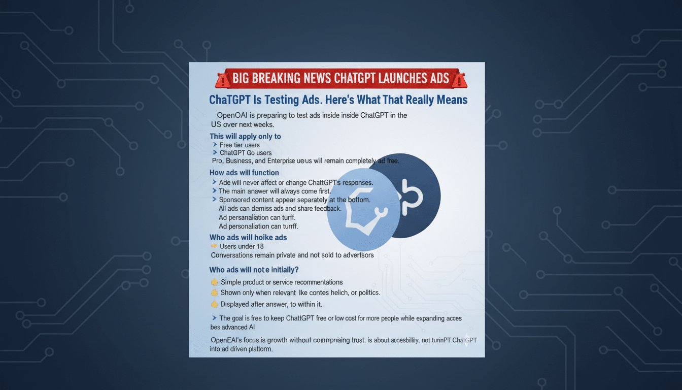 OpenAI ChatGPT interface showing new ads for U.S. Free and Go users