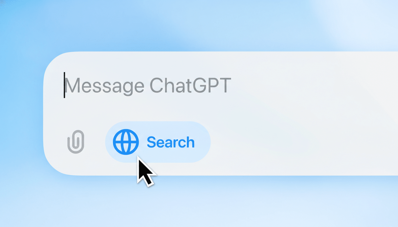 A close-up of a message bar with Message ChatGPT typed in, and a cursor pointing to a Search button with a globe icon. The background is a soft blue gradient.