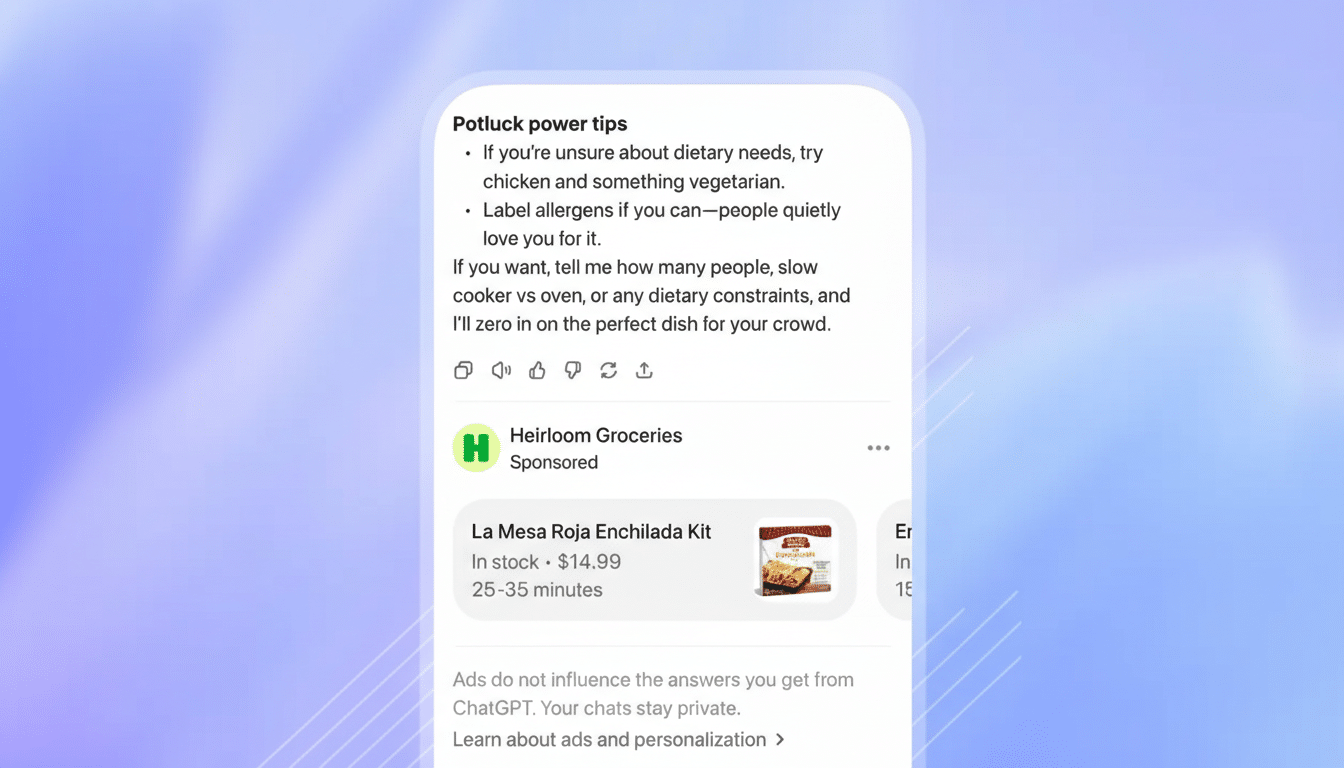 A mobile phone screen displaying Potluck power tips and a sponsored ad for La Mesa Roja Enchilada Kit from Heirloom Groceries.