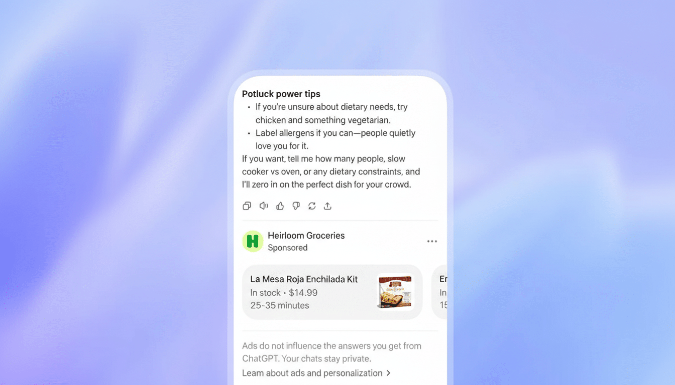A mobile screen displaying Potluck power tips and a sponsored ad for La Mesa Roja Enchilada Kit on a soft, gradient background.
