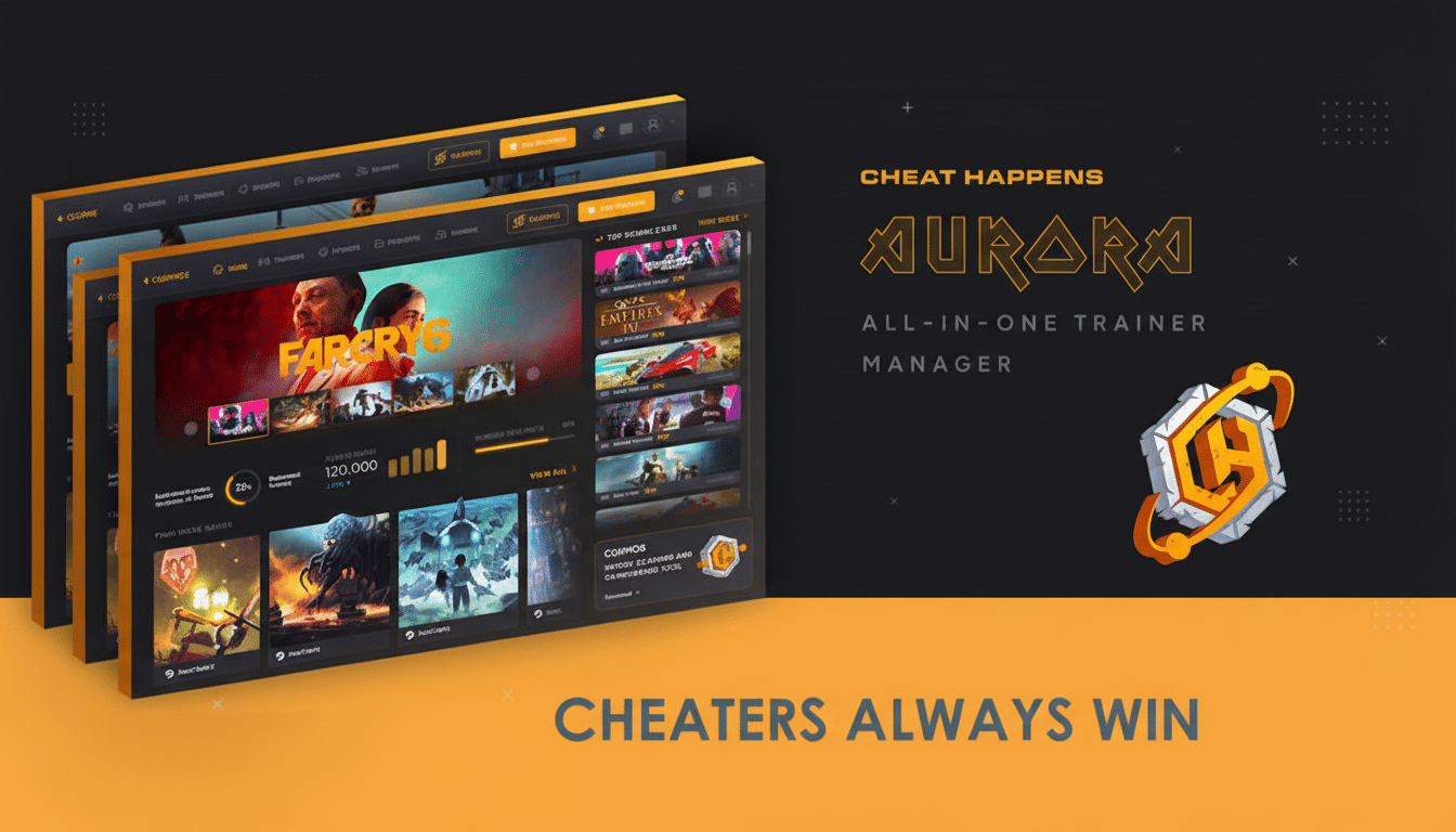 A professional 16:9 aspect ratio image featuring the Aurora All-in-One Trainer Manager interface on a dark background with orange accents, showcasing various game titles and the Aurora logo.