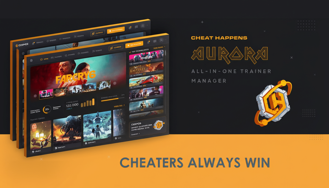 A professional 16:9 aspect ratio image featuring the Aurora All-in-One Trainer Manager interface on the left, displaying various game titles. On the right, the text CHEAT HAPPENS AURORA ALL-IN-ONE TRAINER MANAGER is displayed above a stylized gold and silver logo. The bottom of the image has an orange bar with the text CHEATERS ALWAYS WIN.