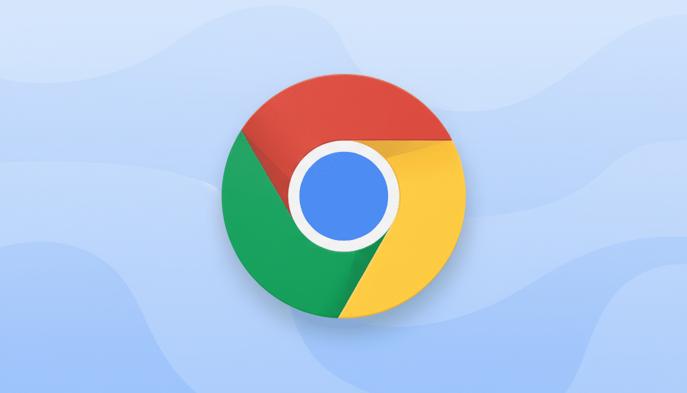 The Google Chrome logo, a red, yellow, and green circle with a blue center, set against a light blue background with subtle wave patterns.