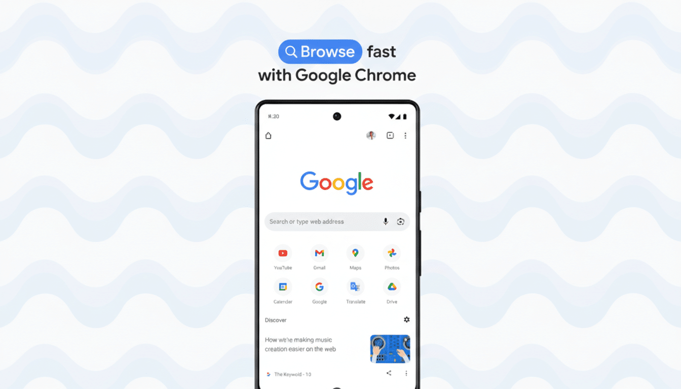 A smartphone displaying the Google Chrome browser interface, with the text Browse fast with Google Chrome above it, set against a light blue background with a subtle wave pattern.