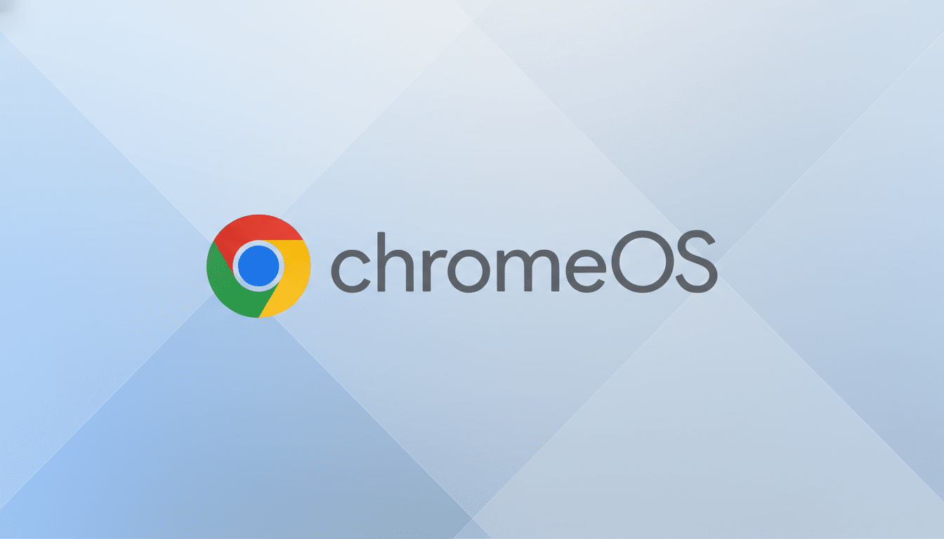 The Chrome OS logo, featuring a red, yellow, and green circle with a blue center, next to the word chromeOS in gray text, all set against a light blue and white geometric background.