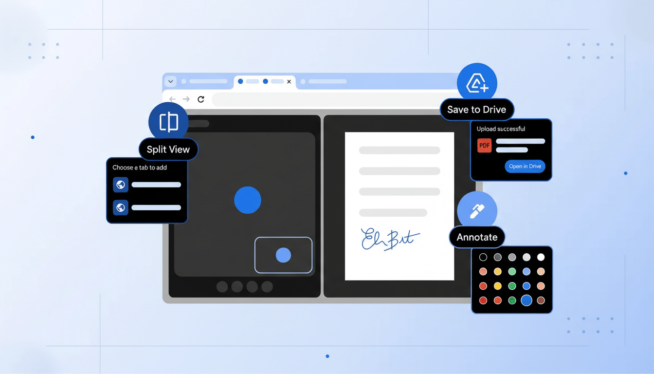 A professional, enhanced image of a browser window displaying a split view with options for Split View, Save to Drive, and Annotate, set against a clean, light blue background with subtle grid and dot patterns.