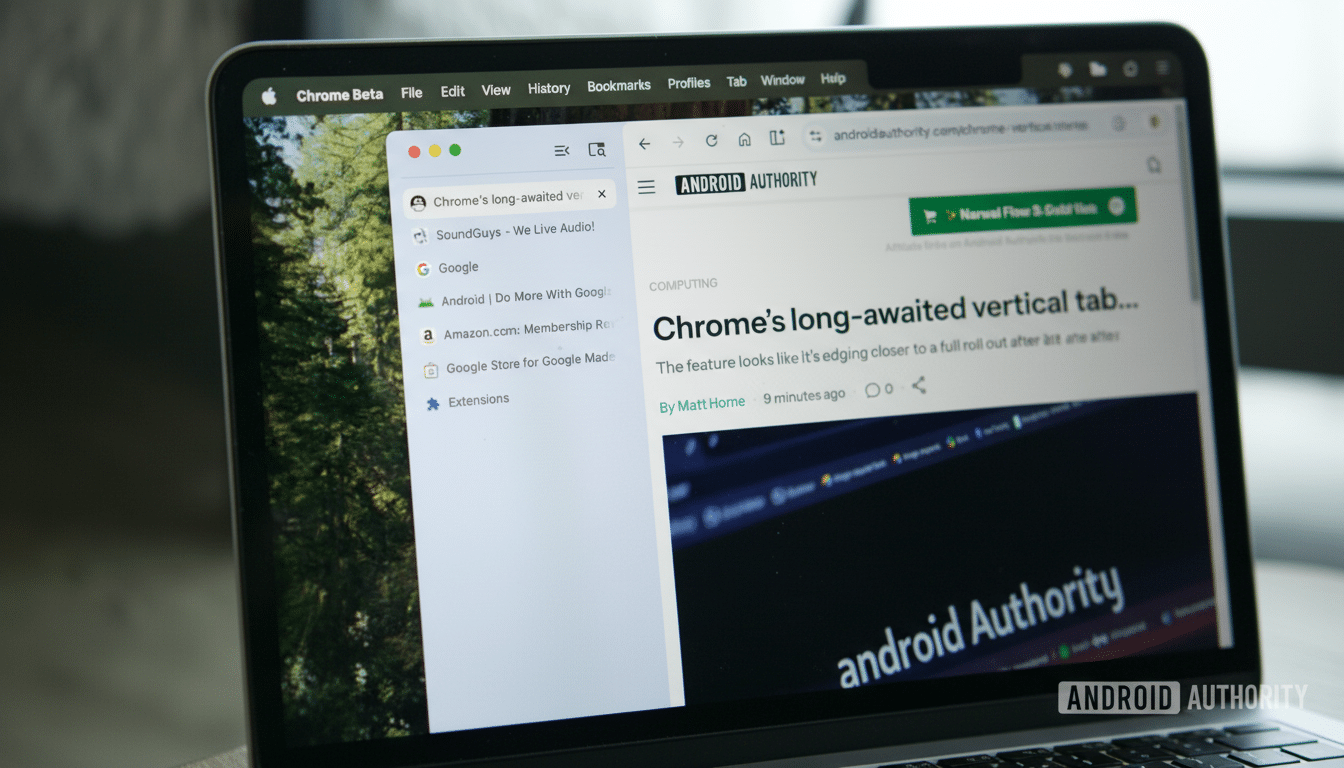 A laptop screen displaying the Android Authority website with an article about Chromes vertical tabs, and a Chrome Beta browser window open showing a list of tabs.
