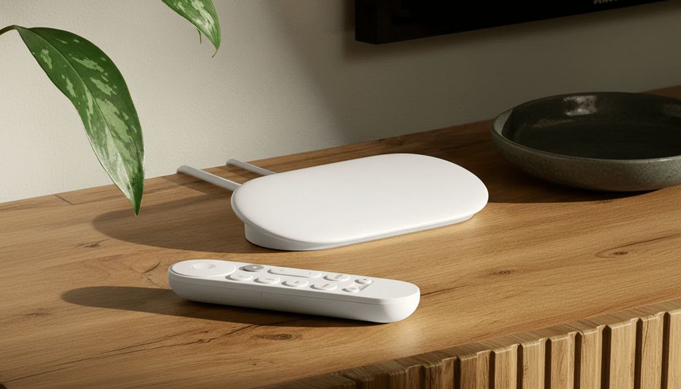 A white oval-shaped device with two antennas and a matching white remote control on a wooden surface.