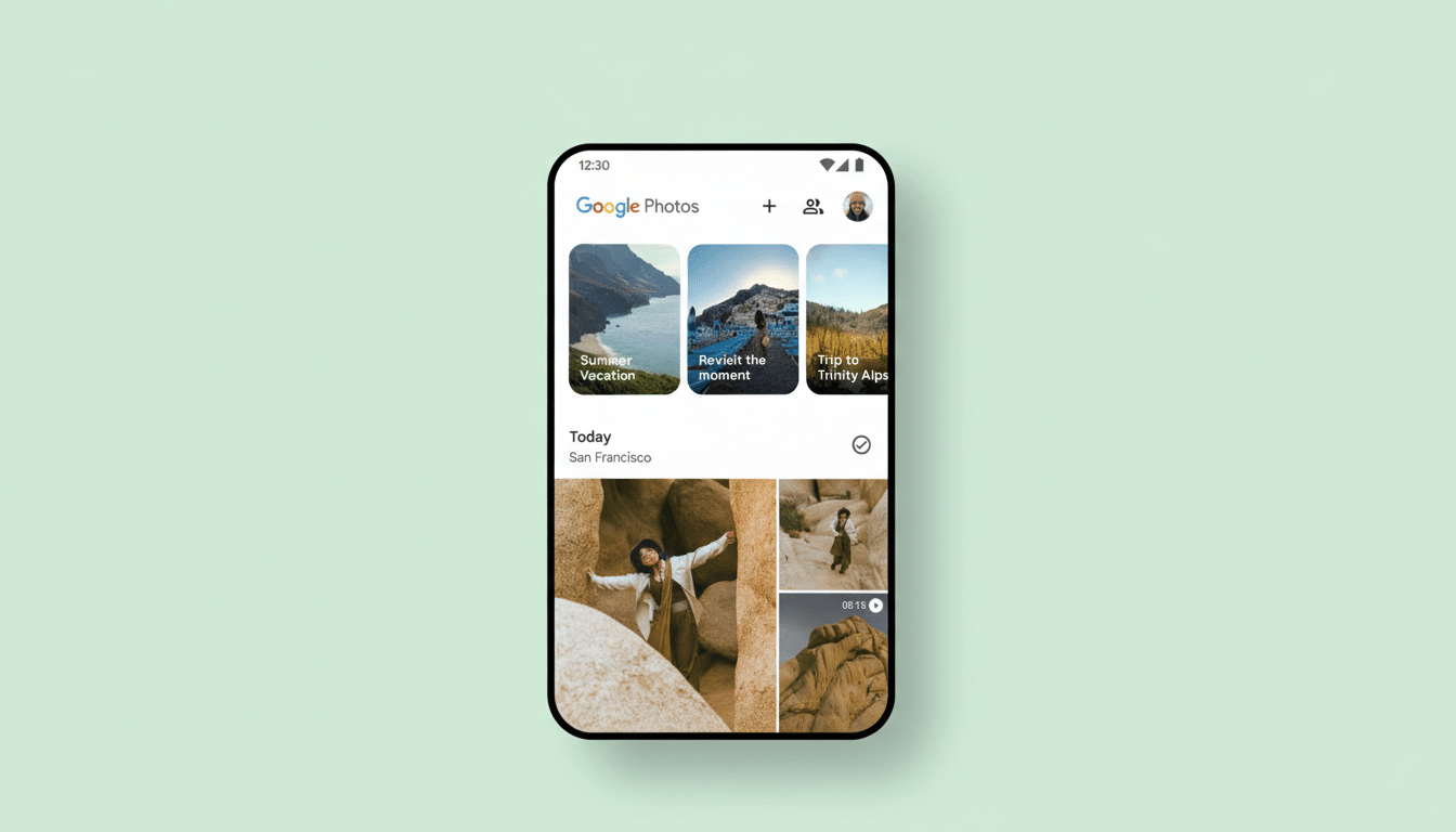 A smartphone displaying the Google Photos app interface, showcasing various photo albums and a Today section with images of a person in a rocky landscape. The phone is centered on a light green background.