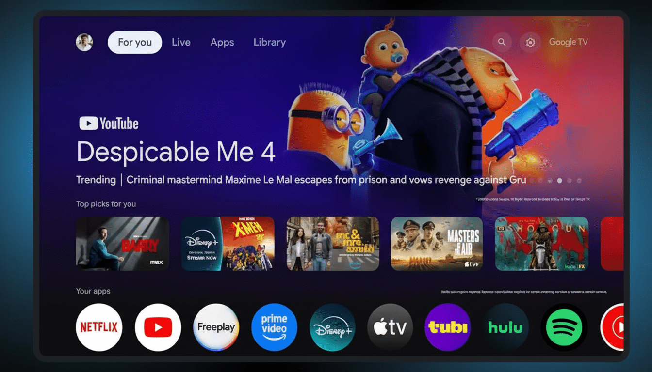 A television screen displaying the Google TV interface, featuring Despicable Me 4 as the main trending content. Below, there are rows of recommended shows and various streaming app icons including Netflix, YouTube, Disney+, and Hulu.
