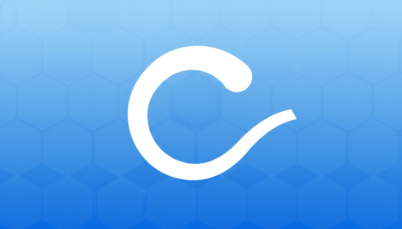 A white, stylized letter C on a blue background with a subtle hexagonal pattern.