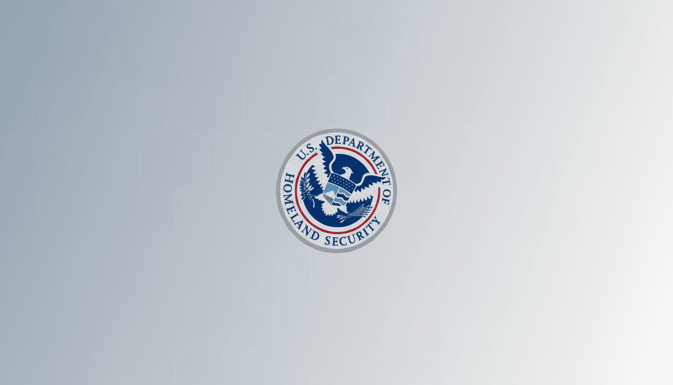 The U.S. Department of Homeland Security logo centered on a professional light gray background with a subtle hexagonal pattern.