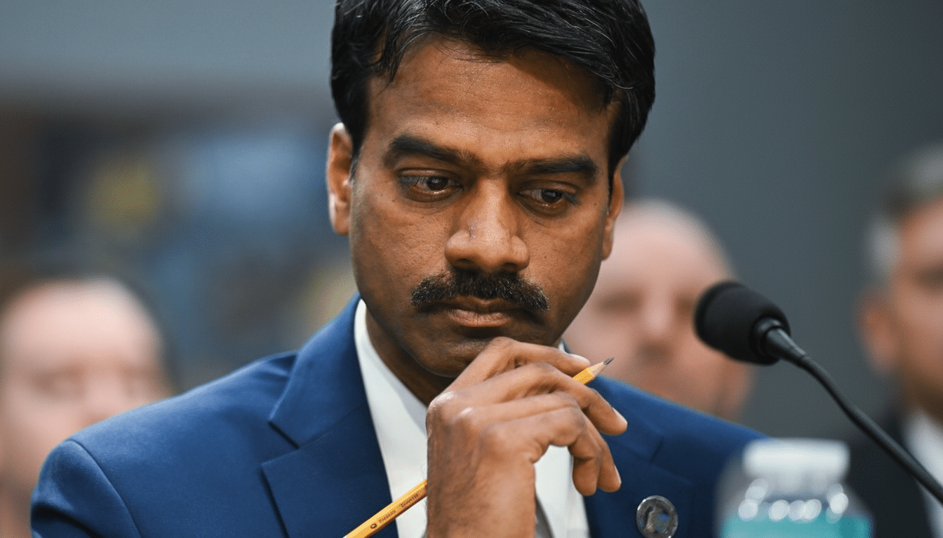 A man in a blue suit with a mustache, holding a pencil to his chin, looking down thoughtfully.