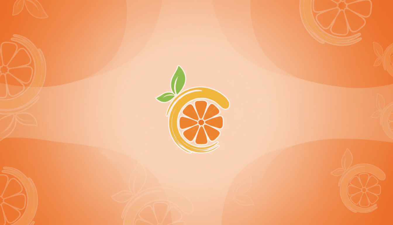 A 16:9 aspect ratio image featuring an orange slice logo with a green leaf on a professional flat design background with soft orange gradients and subtle patterns of the same logo.