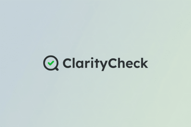 The ClarityCheck logo, featuring a magnifying glass icon with a green checkmark inside, next to the word ClarityCheck in dark gray text, presented on a professional flat design background with soft patterns and gradients.