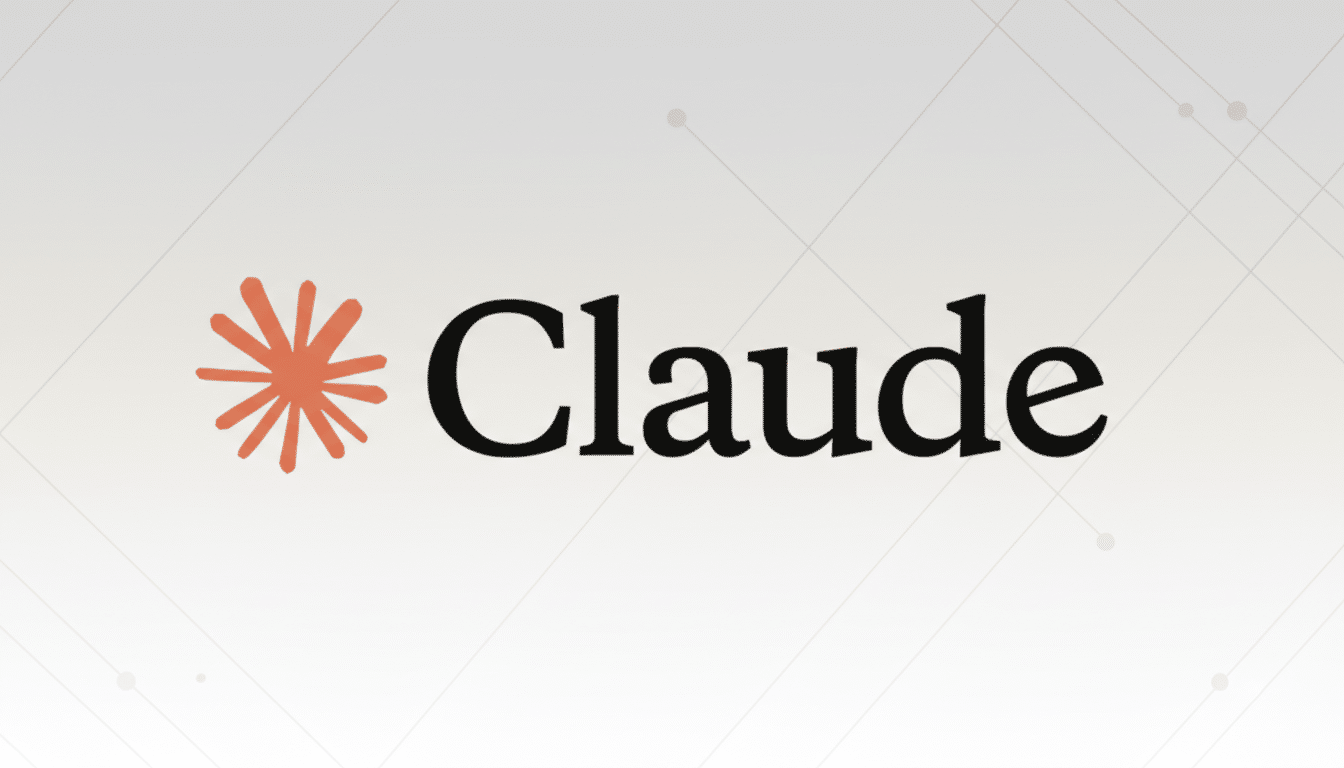 The Claude logo, featuring an orange asterisk-like symbol to the left of the word Claude in black text, set against a professional light gray background with subtle geometric patterns and gradients.