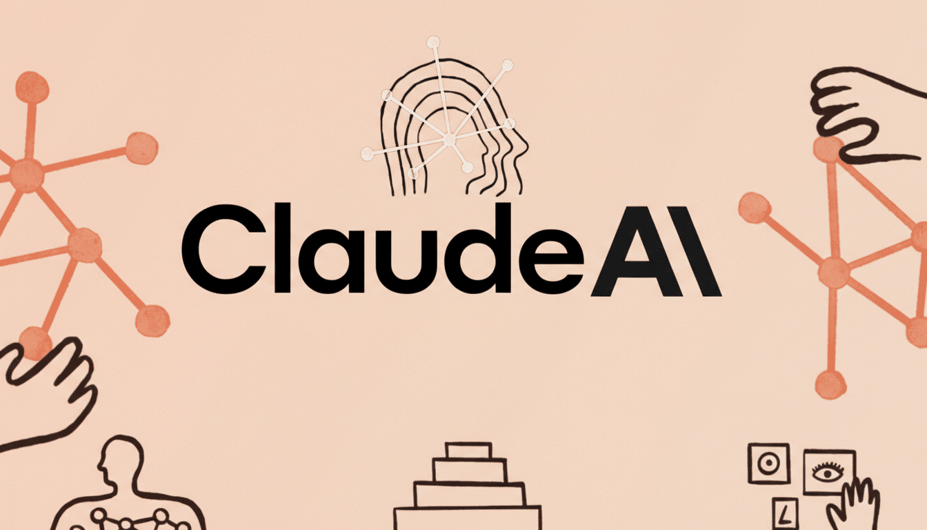 The Claude AI logo, featuring the name Claude AI in black text, centered on a light peach background with various abstract, hand-drawn elements in black and orange.