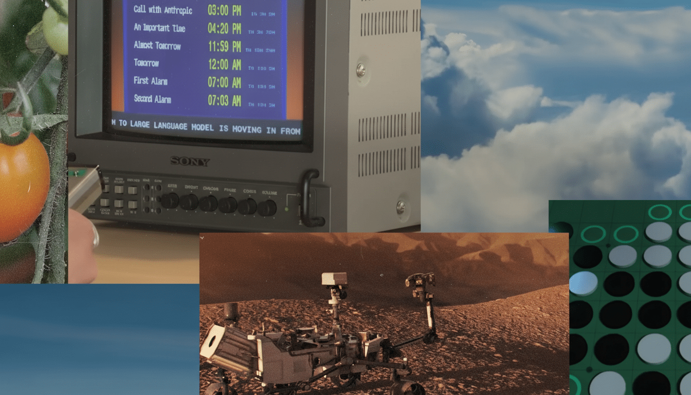 A collage of images including a close-up of a tomato plant, a vintage Sony monitor displaying text, a cloudy sky, a Mars rover on a dusty landscape, and a grid of circular buttons.