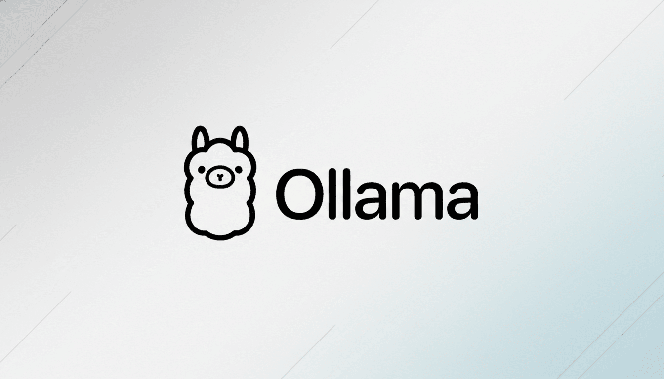 The Ollama logo, featuring a stylized black outline of a llama head next to the word Ollama in black text, presented on a professional 16:9 aspect ratio background with a subtle light gray gradient and faint diagonal line patterns.