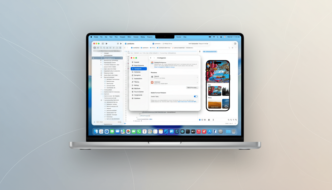 A MacBook Pro displaying an Xcode project with a Landmarks app open, showing code and a preview of the apps interface.