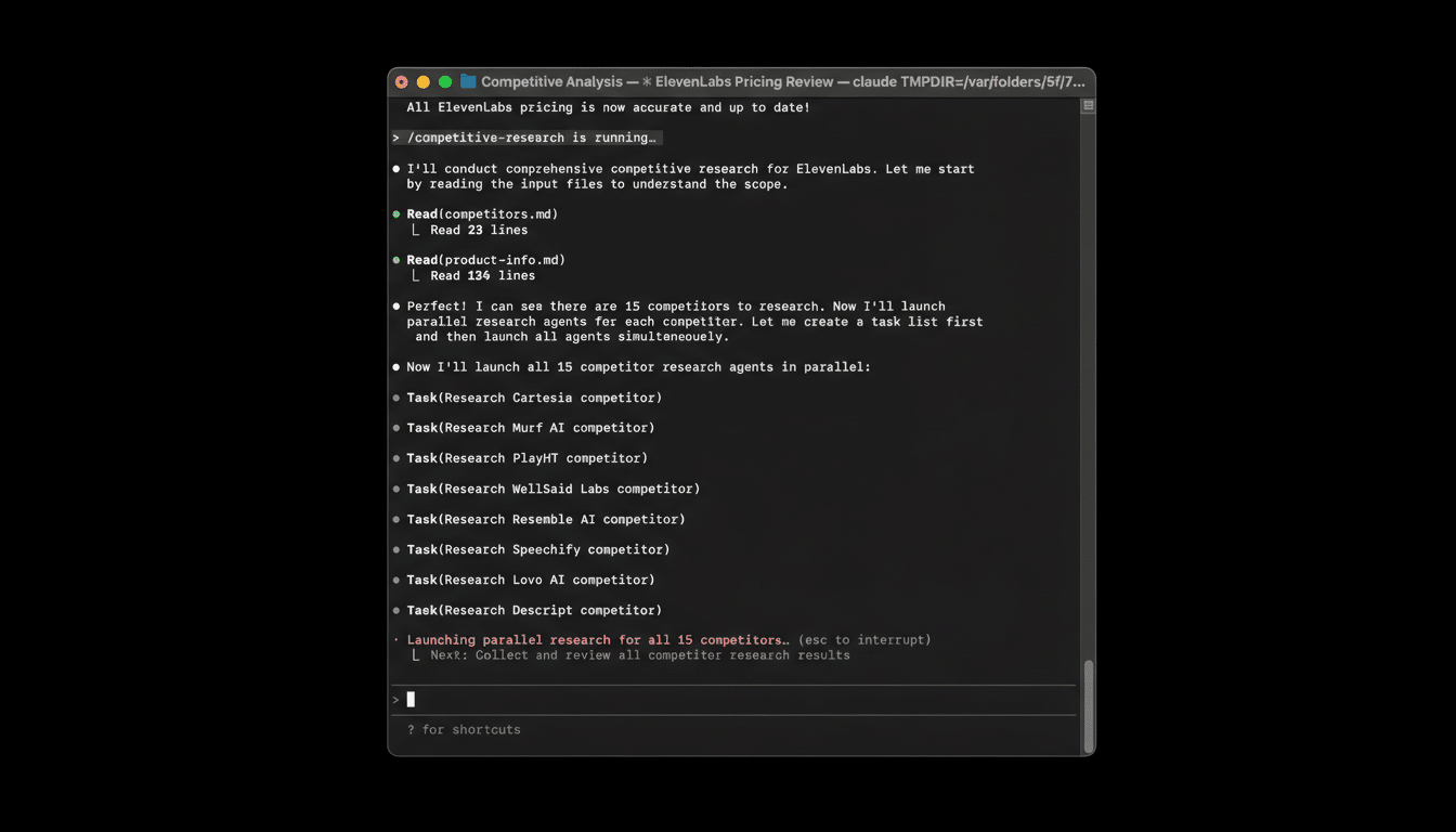 A screenshot of a terminal window displaying a competitive analysis script for ElevenLabs pricing review. The script is running, showing steps like reading competitor and product info files, identifying 15 competitors, and launching parallel research agents for each competitor, including Cartesia, Murf AI, PlayHT, WellSaid Labs, Resemble AI, Speechify, Lovo AI, and Descript. The final line indicates Launching parallel research for all 15 competitors... and the next step is to Collect and review all competitor research results.