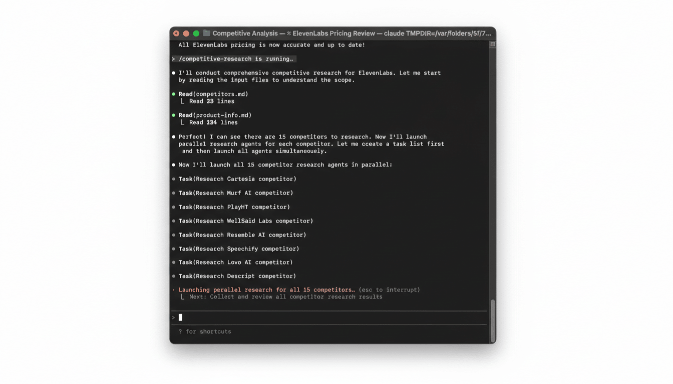 A screenshot of a terminal window displaying competitive analysis research for ElevenLabs, resized to a 16:9 aspect ratio with a professional flat design background.