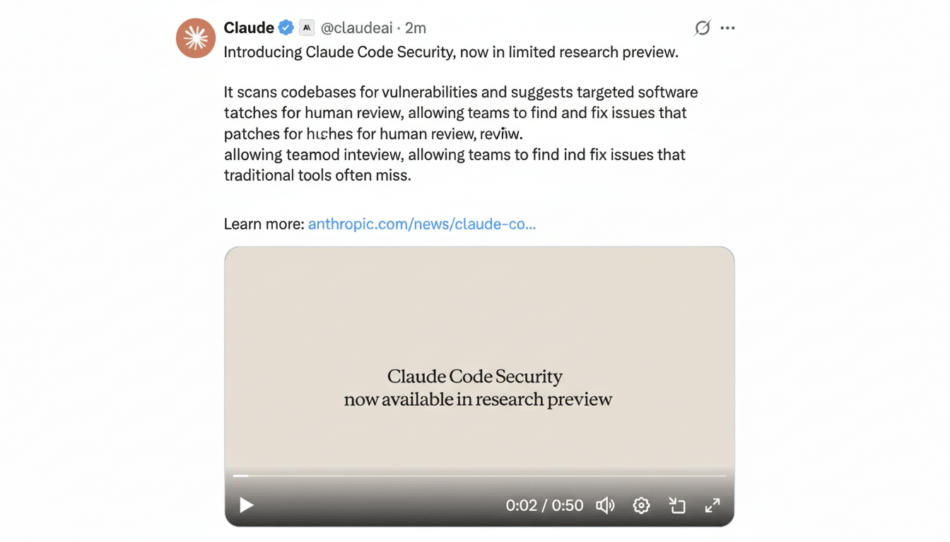 A screenshot of a tweet from Claude introducing Claude Code Security, now in limited research preview. The tweet includes a video player with the title Claude Code Security now available in research preview.