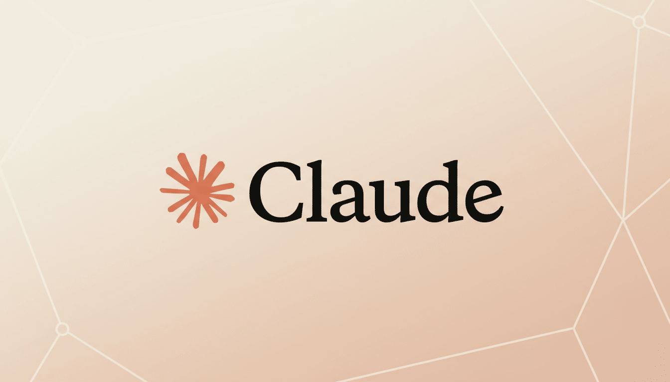 The Claude logo, featuring a stylized orange asterisk to the left of the word Claude in black text, presented on a soft, light peach background with subtle geometric patterns.