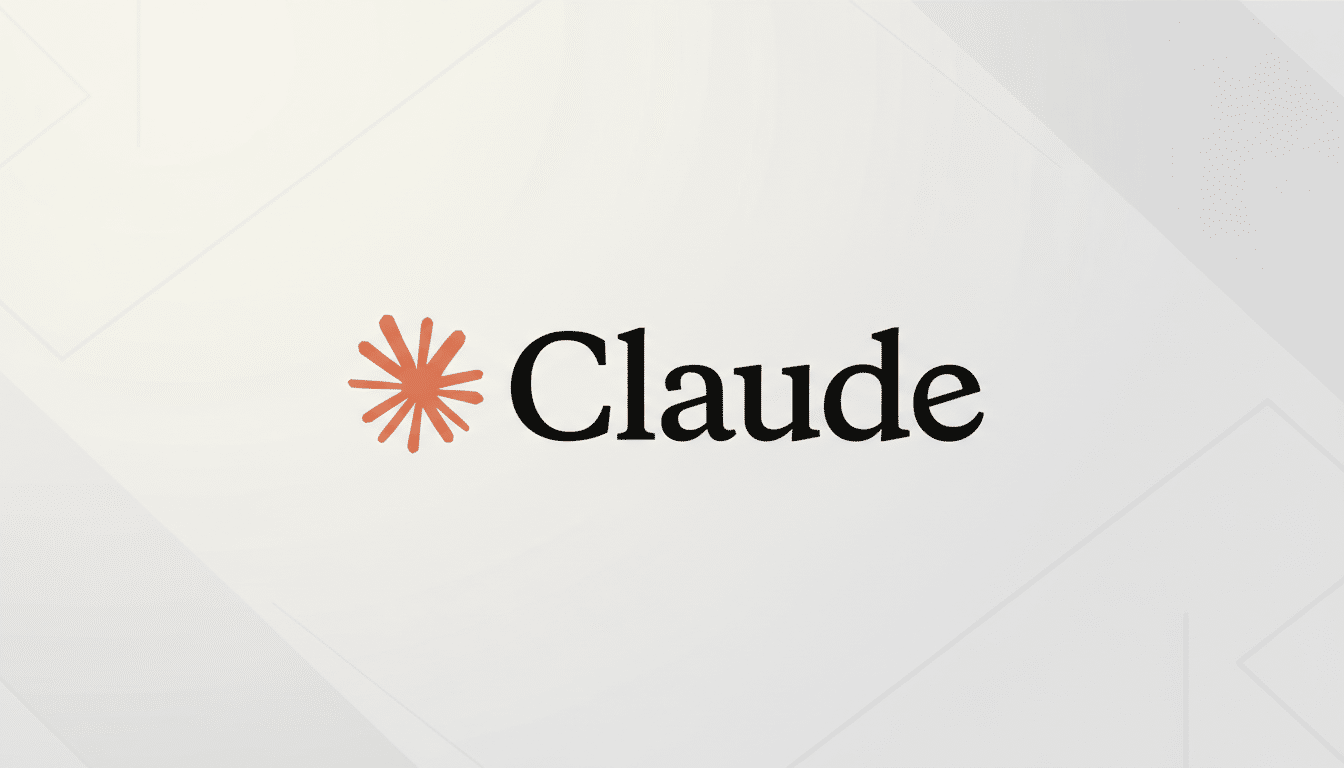 The Claude logo, featuring an orange star-like icon next to the word Claude in black text, presented on a professional light gray background with subtle geometric patterns.