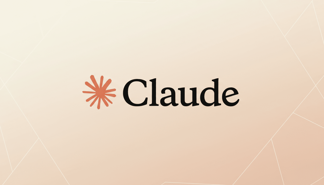 The Claude logo, featuring a stylized orange asterisk to the left of the word Claude in black text, presented on a professional flat design background with soft patterns and gradients, resized to a 16:9 aspect ratio.