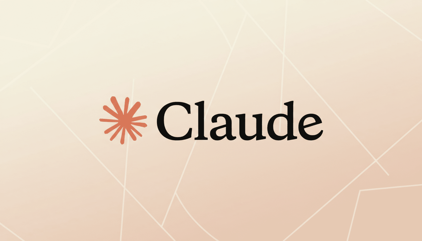 The Claude logo, featuring a stylized orange asterisk to the left of the black text Claude, presented on a soft, light peach gradient background with subtle geometric patterns.