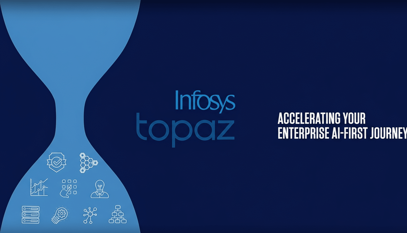 The Infosys Topaz logo and text ACCELERATING YOUR ENTERPRISE AI-FIRST JOURNEY on a dark blue background with a light blue hourglass shape on the left containing various white icons representing data, ideas, and processes.