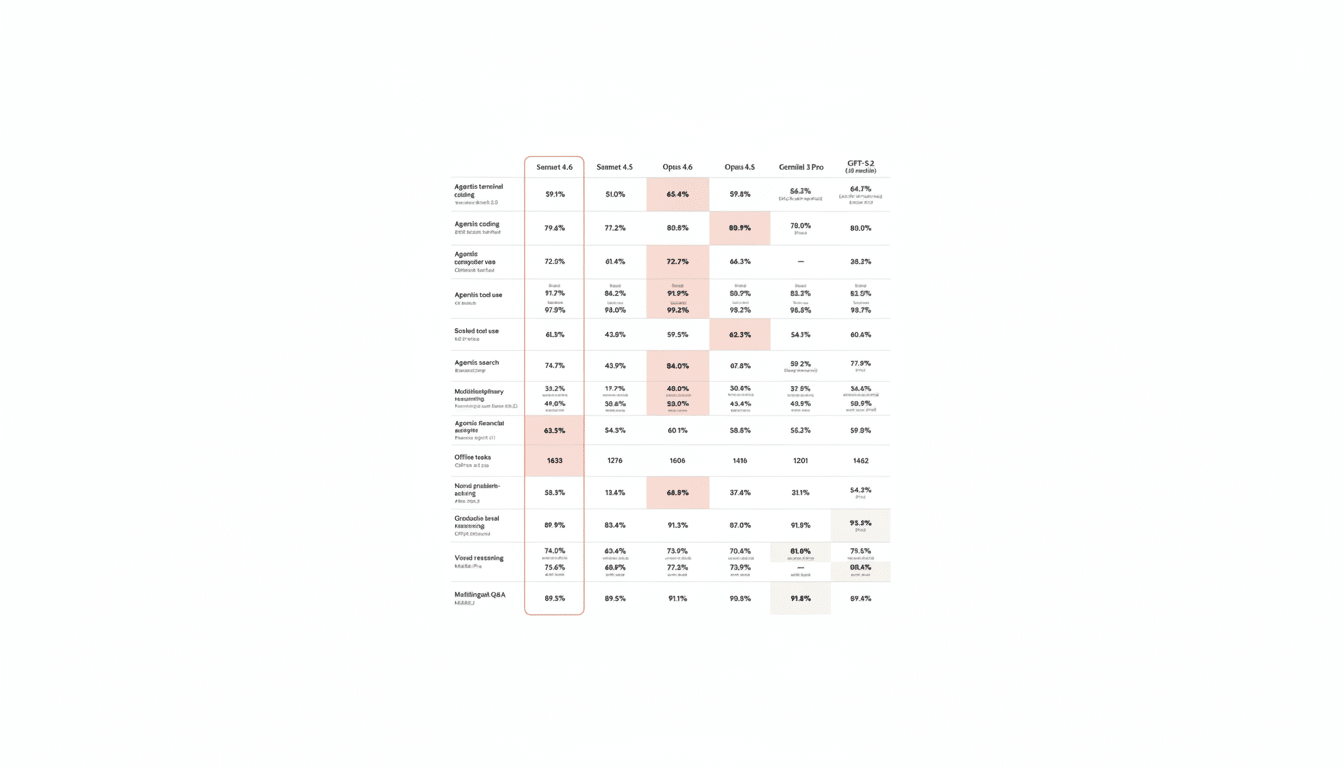 A table comparing the performance of different AI models (Sonnet 4.6, Sonnet 4.5, Opus 4.6, Opus 4.5, Gemini 1.5 Pro, and GPT-5.2) across various agentic tasks, including terminal coding, computer use, tool use, search, multidisciplinary reasoning, financial analysis, office tasks, novel problem-solving, graduate-level reasoning, visual reasoning, and multilingual Q&A. The table highlights percentages and numerical scores for each model in each category, with some cells shaded in red to indicate higher performance.